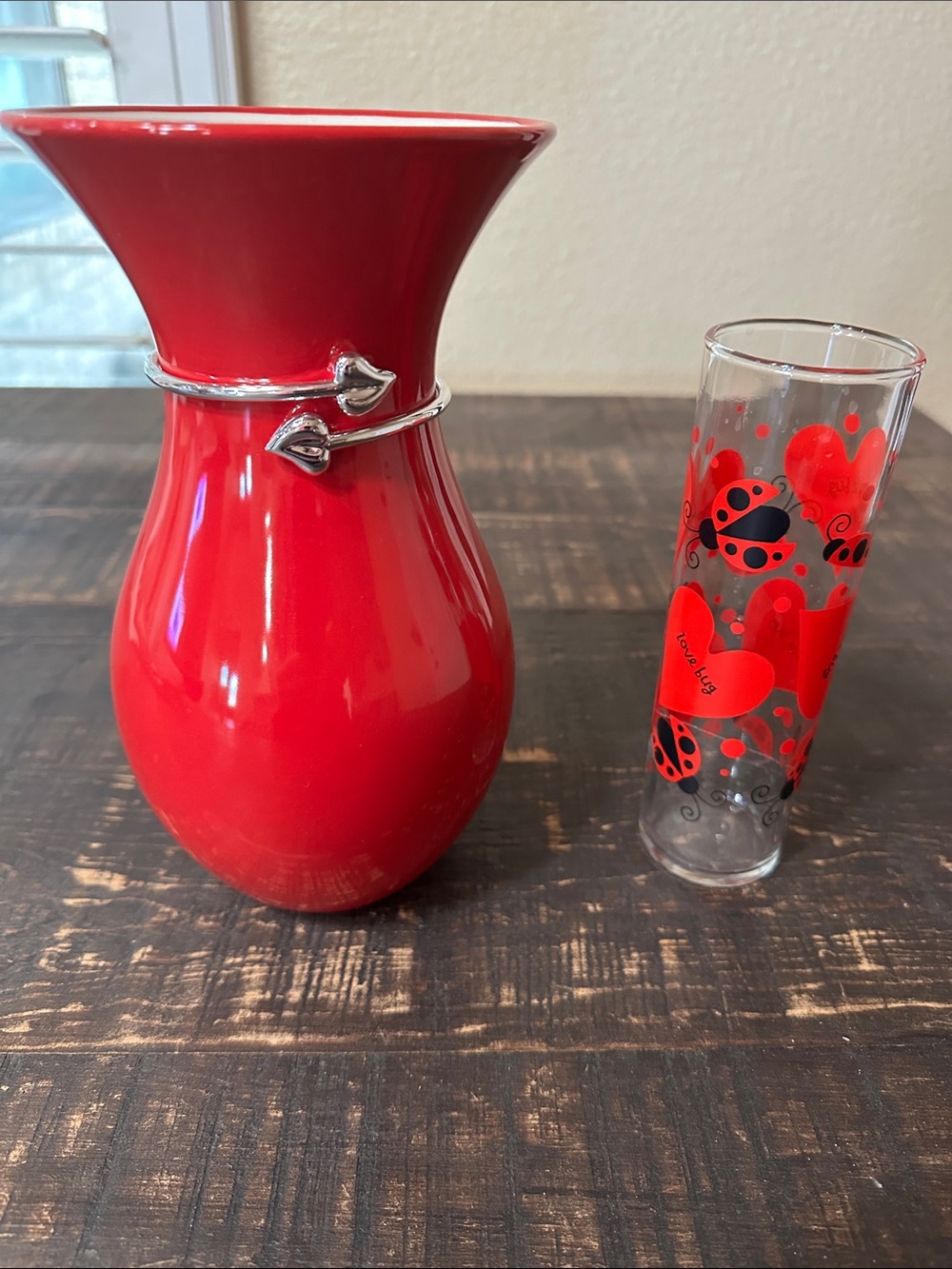 Red Ceramic Vase with Silver Wrap Accent and Glad Heart / Ladybug Vase